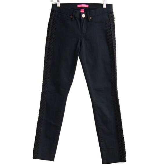 Lilly Pulitzer Onyx Black Jeans Lace Trim South Ocean Skinny Super Stretch Sz 10 - Picture 1 of 7